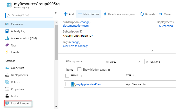 Screenshot of the Export template option in the Azure portal.