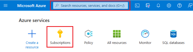 Screenshot of the Azure portal with search box and Subscriptions highlighted.