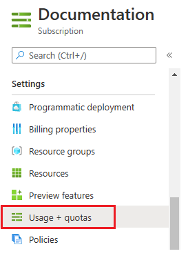 Screenshot of subscription's settings to select usage and quotas.
