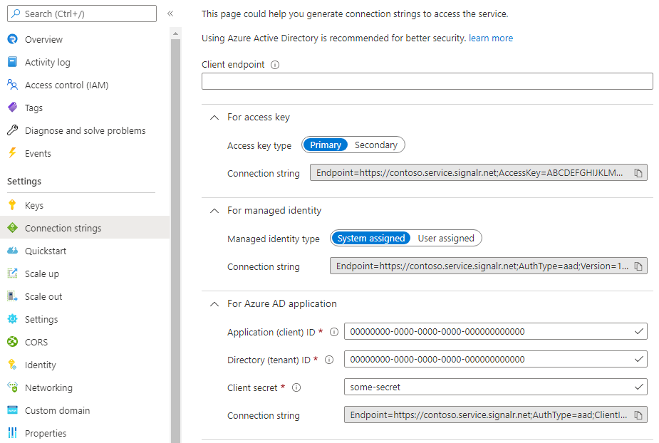 Screenshot showing connection string generator of SignalR service in Azure portal.