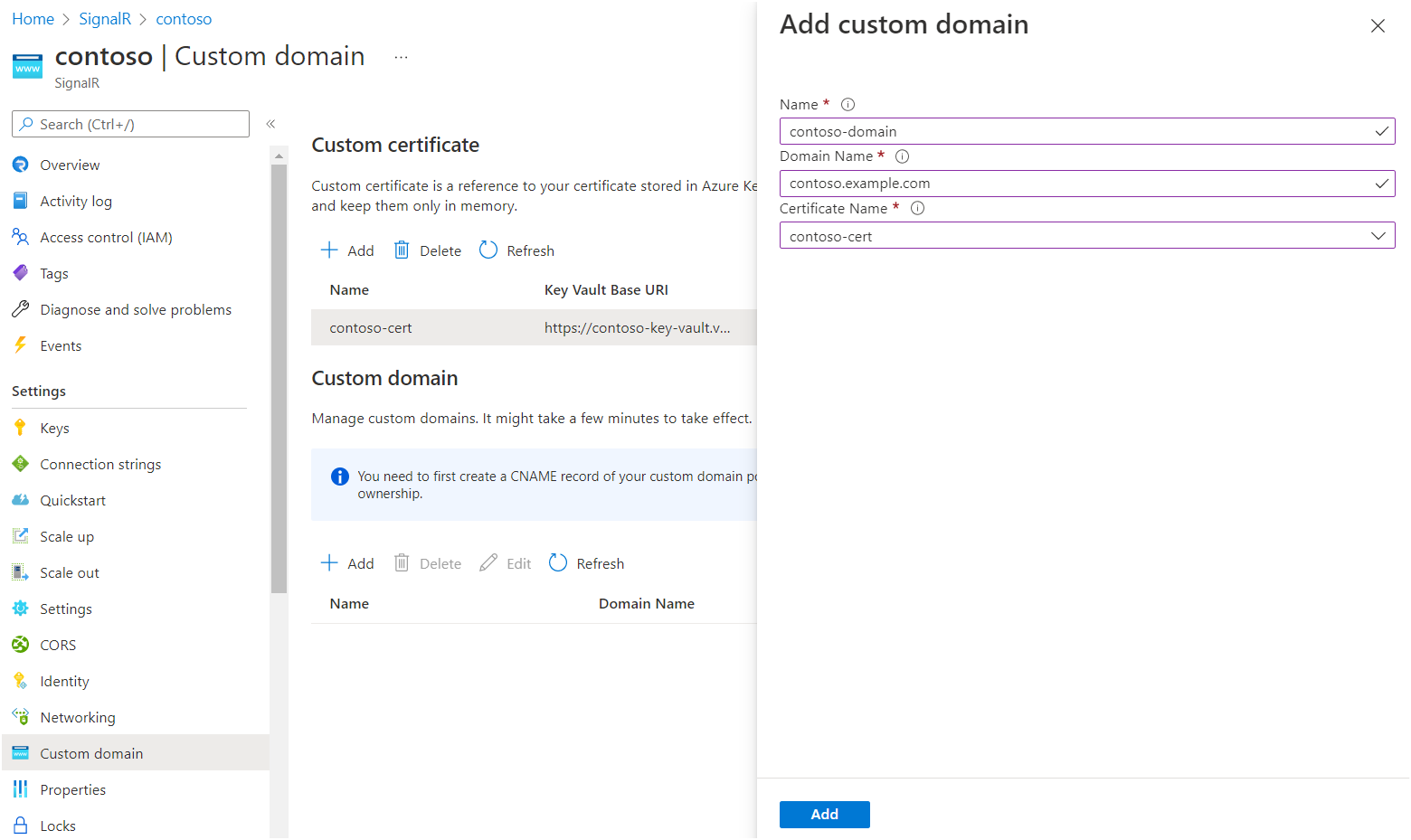 Screenshot of adding a custom domain.