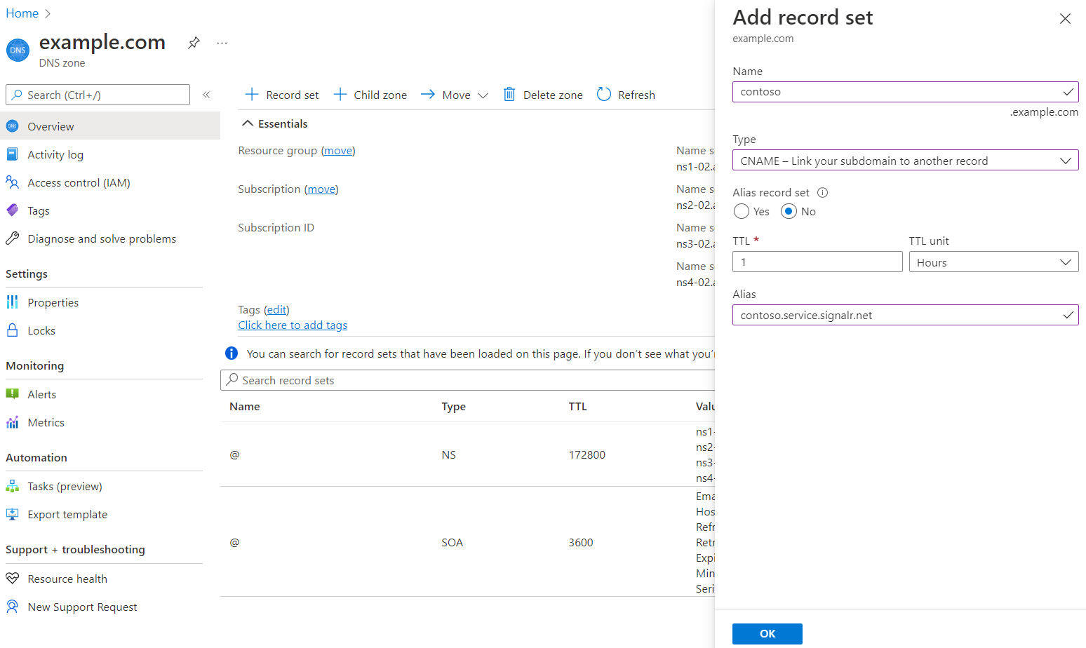 Screenshot of adding a CNAME record in Azure DNS Zone.