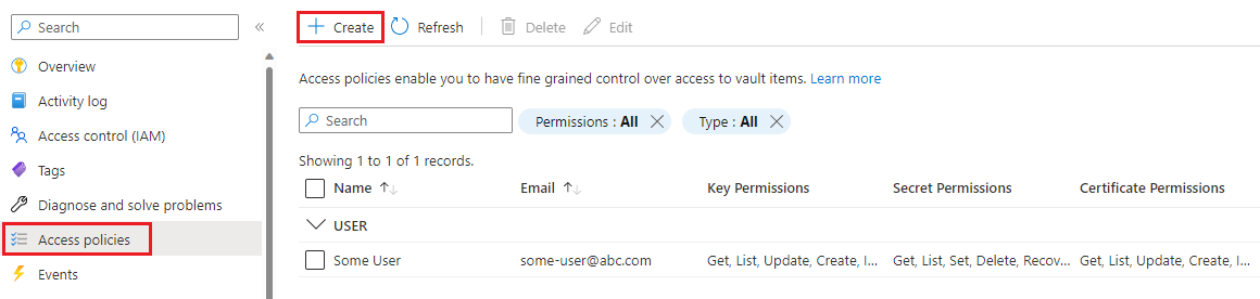 Screenshot of Key Vault's access policy page.