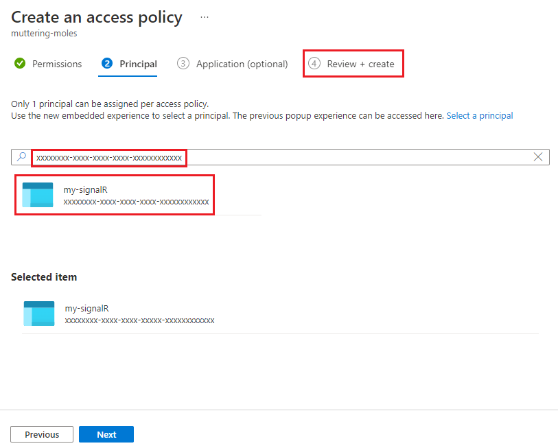 Screenshot of the Principal tab of Key Vault's Create an access policy page.