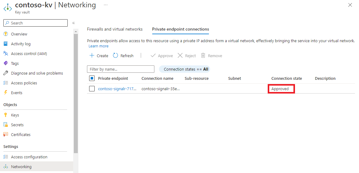Screenshot of the Azure portal that shows an Approved status on the pane for private endpoint connections.