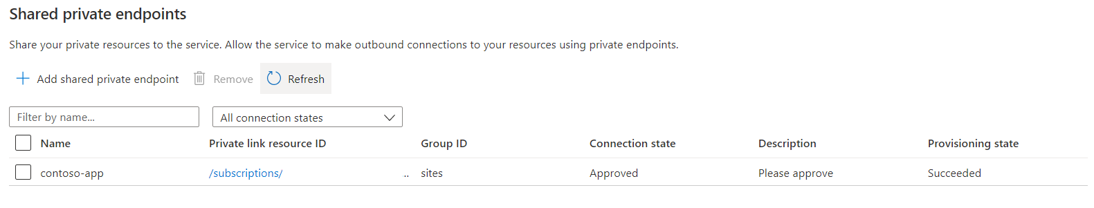 Screenshot of an approved shared private endpoint.