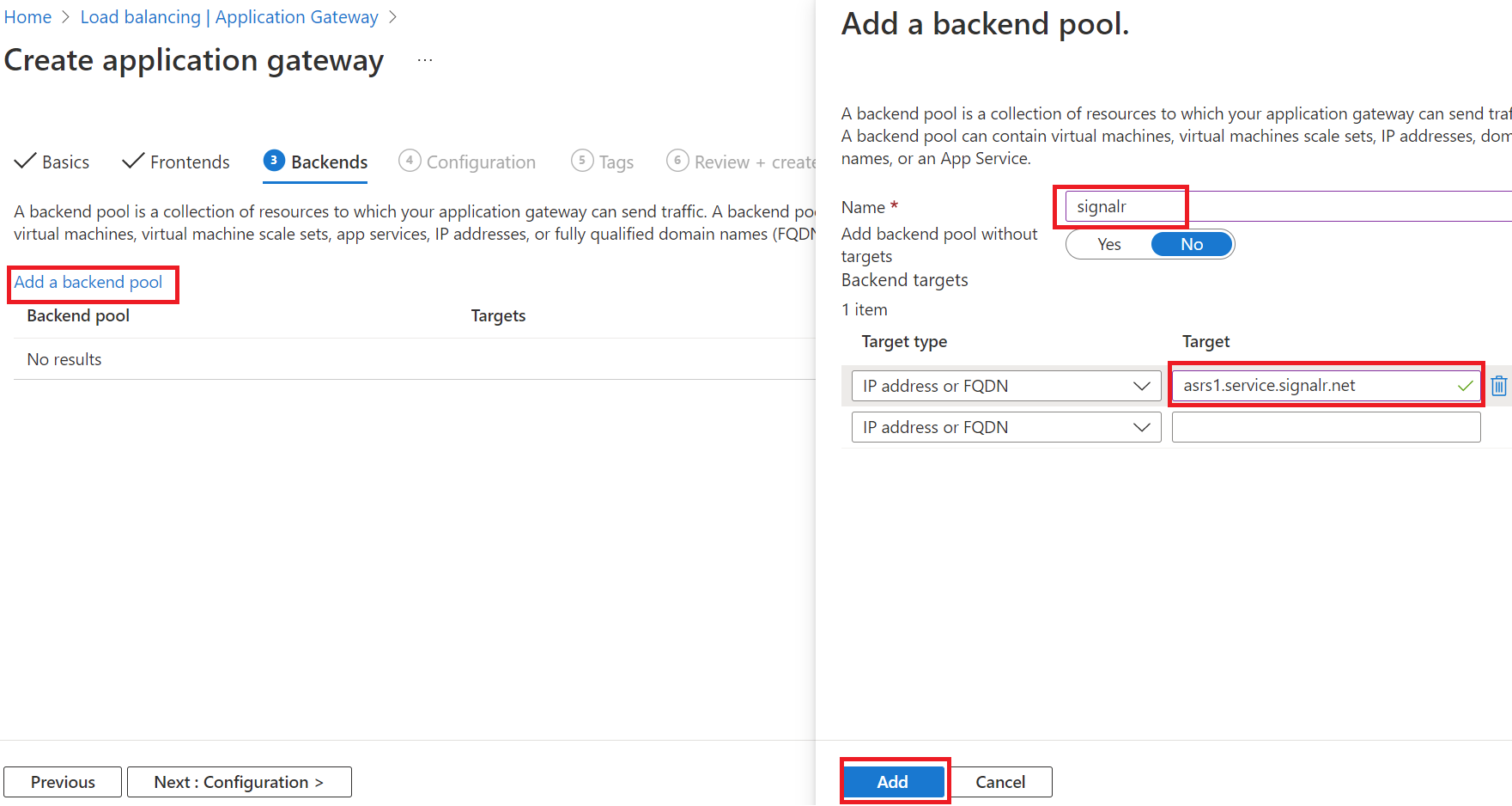 Screenshot of setting up the application gateway backend pool for the SignalR Service.