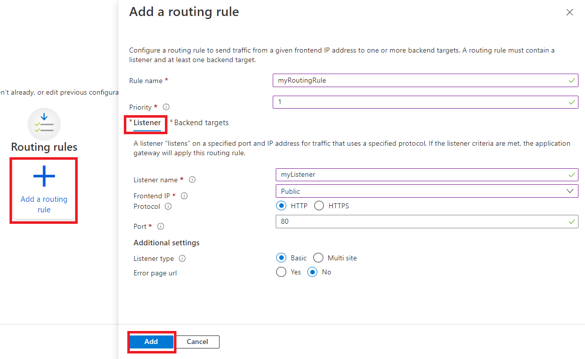 Screenshot of setting up the application gateway routing rule listener tab for the SignalR Service.