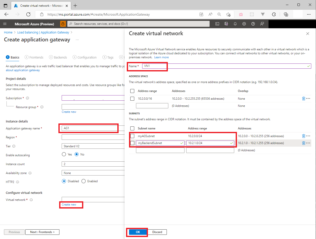 Screenshot of creating Application Gateway instance with Basics tab.