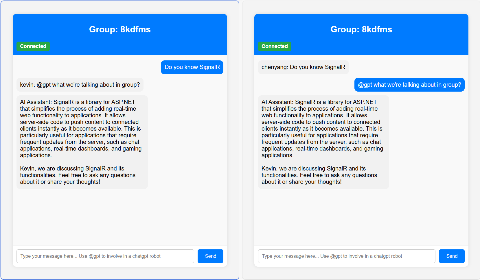 Screenshot of user interface for the AI-powered group chat.