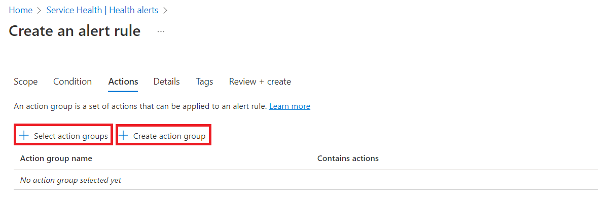 Screenshot of the Azure portal page where you add or create action groups.