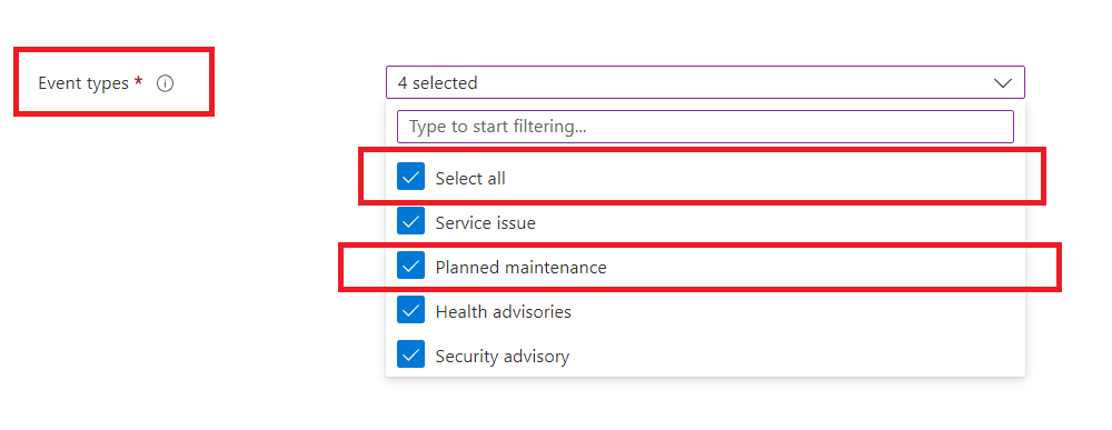 Screenshot of the Azure portal page where you define conditions for the health alert and define event types to be notified for.