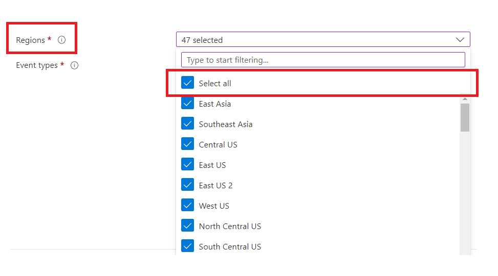 A screenshot of the Azure portal page where you define conditions for the health alert and define regions to be notified for.