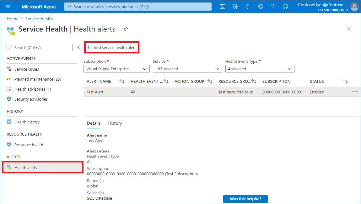 Screenshot of the Health alerts page in the Azure portal. Add service health alert button is boxed in red. 