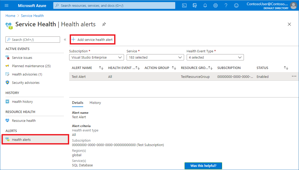 Screenshot of the Health alerts page in the Azure portal. Add service health alert button is boxed in red.