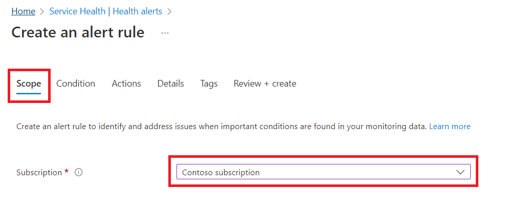 Screenshot of the Azure portal page where you select the subscription where you configure the health alert.