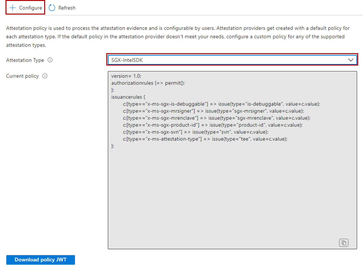 Screenshot of configuring attestation policy in the Azure portal.