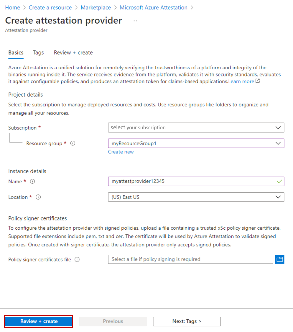Screenshot of the Azure portal Create attestation provider menu.