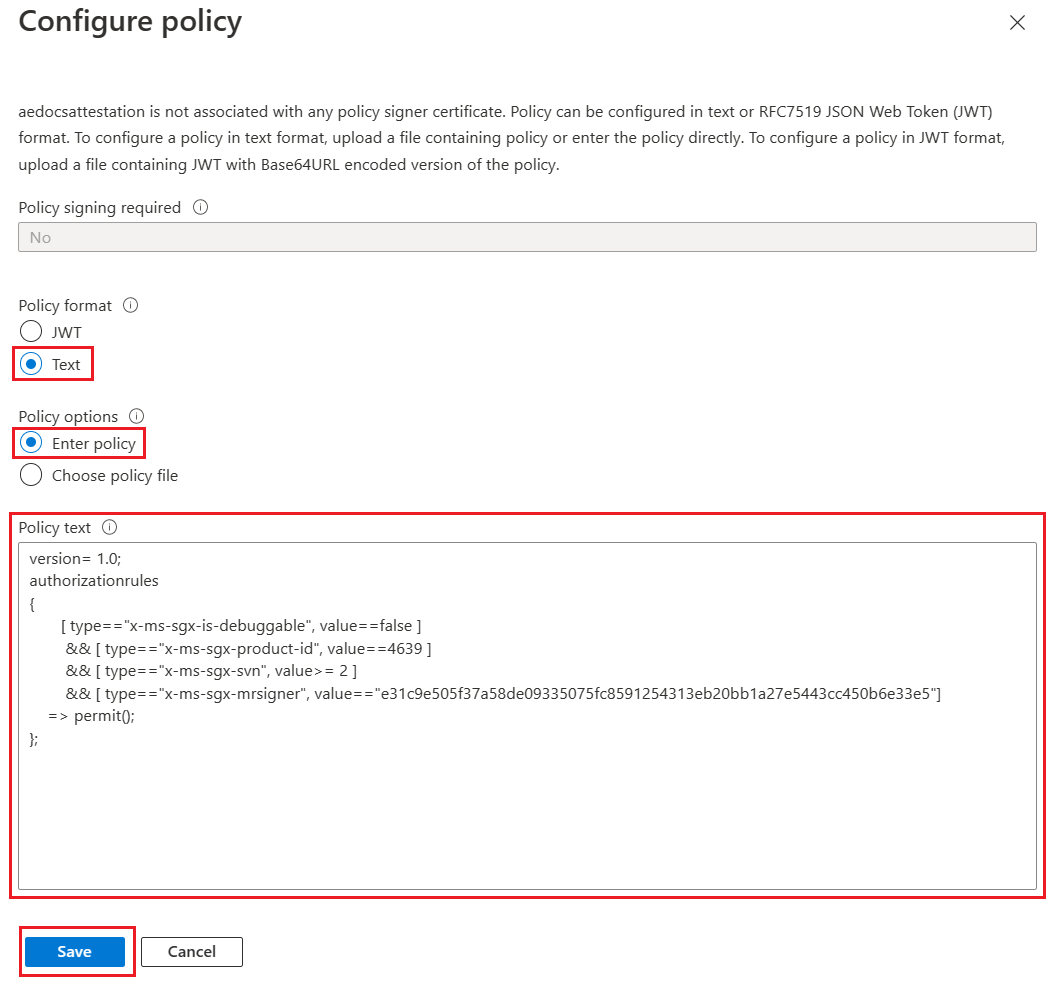 Screenshot of editing an attestation policy in the Azure portal.