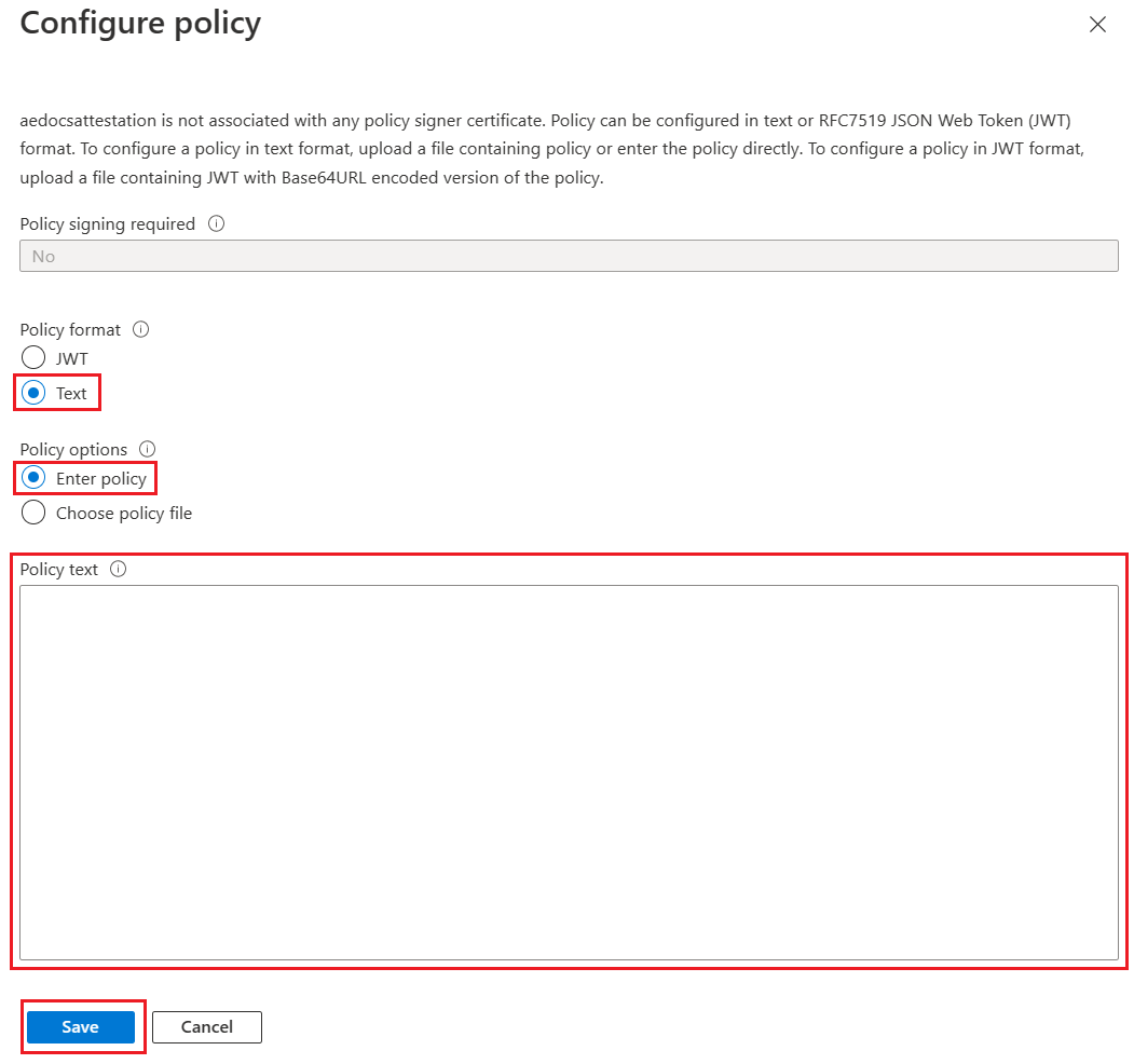 Screenshot of editing an attestation policy in the Azure portal.