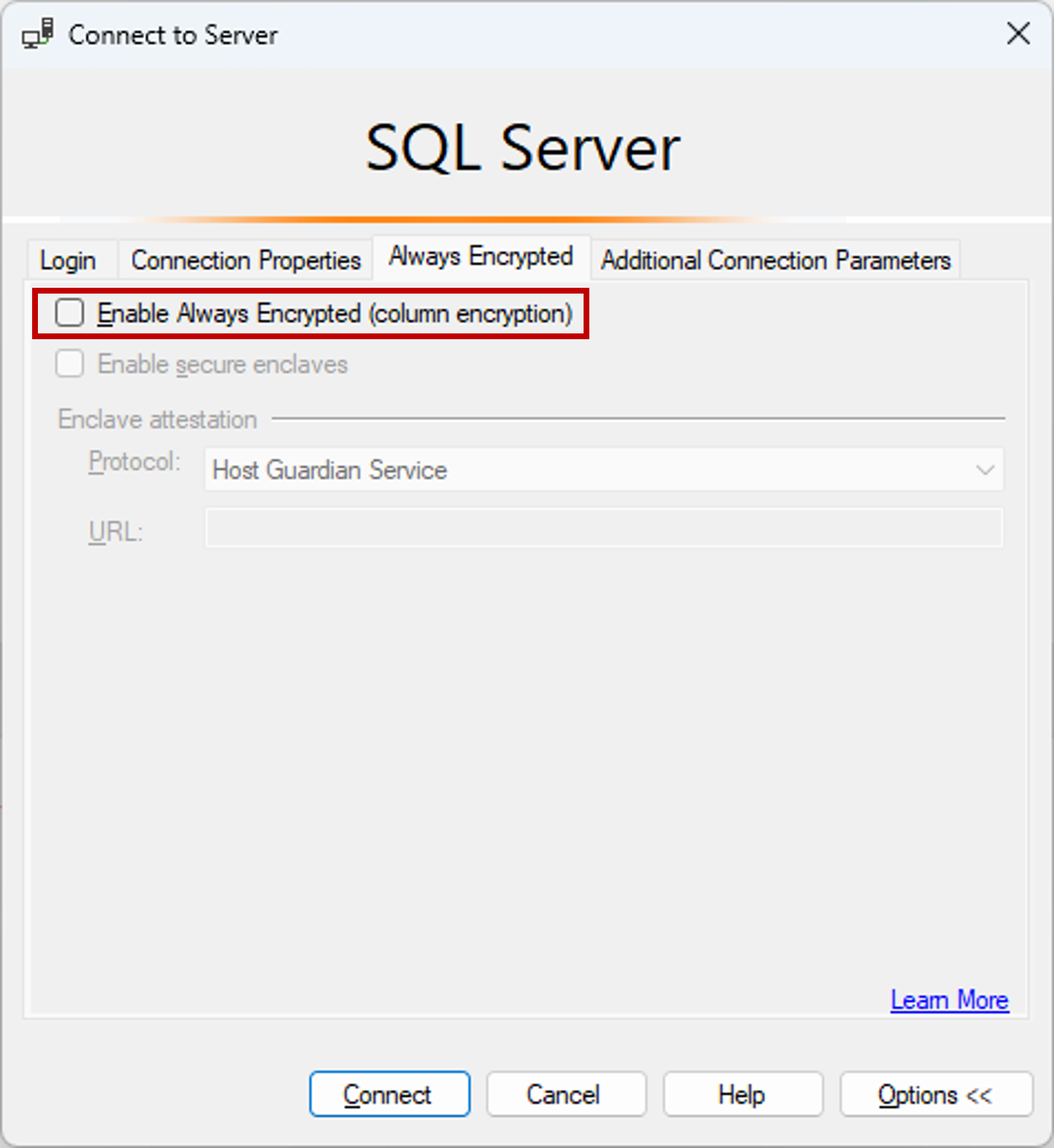 Screenshot of Connect to Server using SSMS without Always Encrypted enabled.