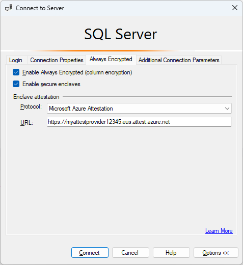 Screenshot of the SSMS Connect to Server dialog Always Encrypted tab, with attestation enabled.
