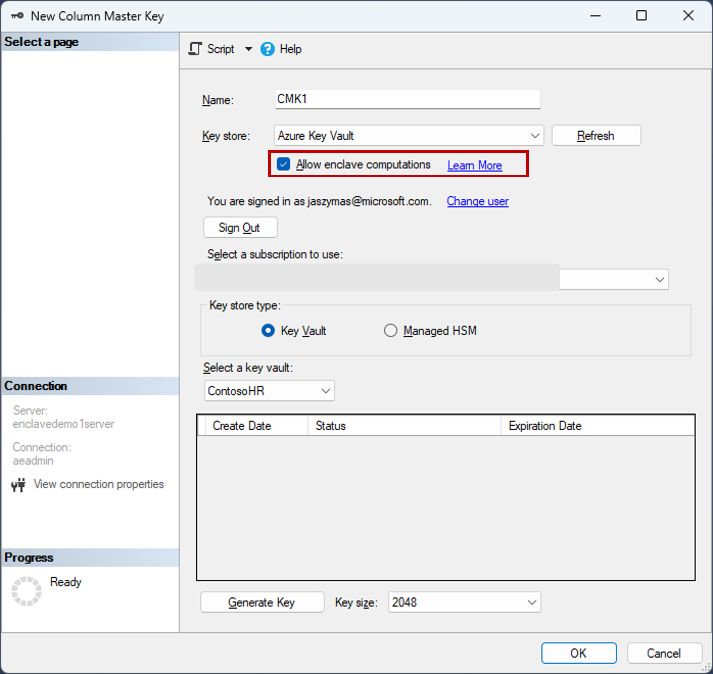 Screenshot of the allow enclave computations selection in SSMS when creating a new column master key.