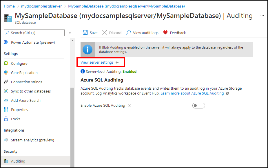 Screenshot that shows the View server settings link highlighted on the database auditing page.