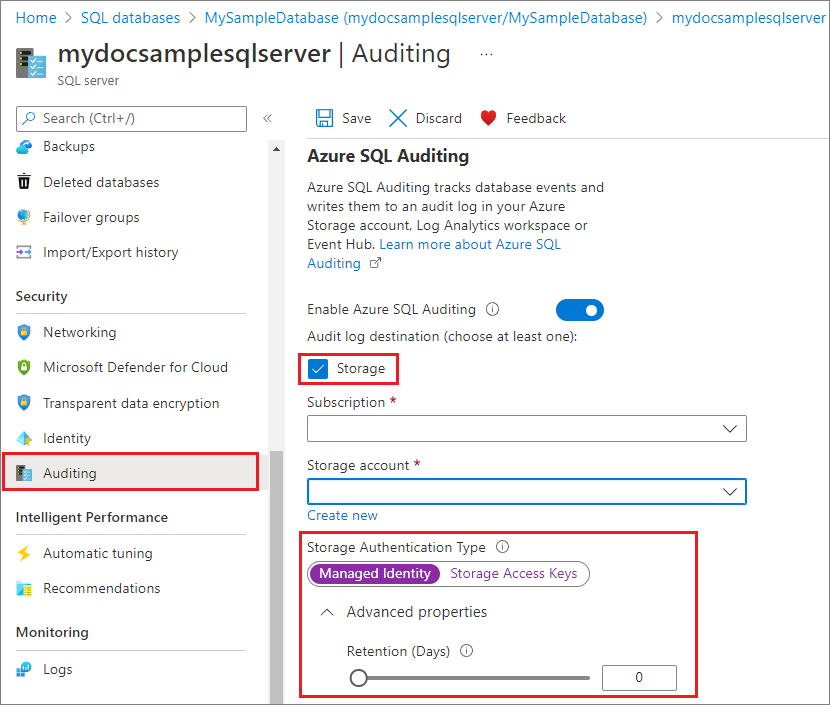 Screenshot that shows storage account authentication types for Auditing.