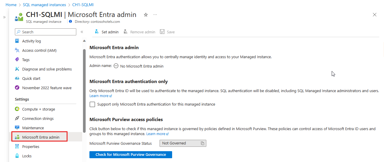 Screenshot of the Azure portal showing the Microsoft Entra admin page open for the selected SQL managed instance.