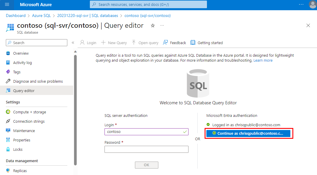 Screenshot showing sign-in to the Azure portal Query editor with Microsoft Entra authentication.