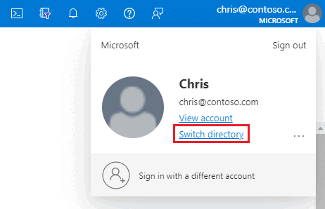 Screenshot of the Azure portal showing where to switch your directory.