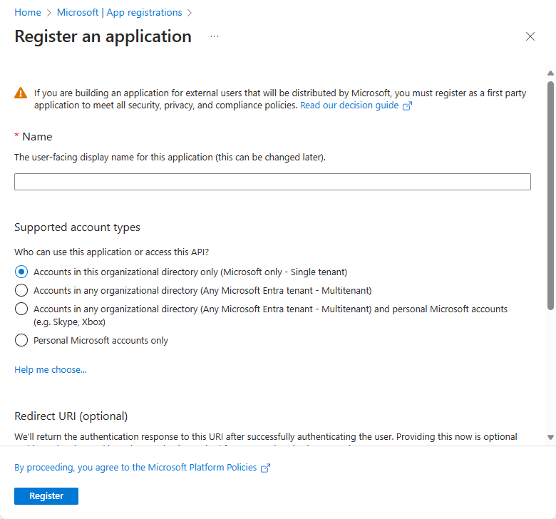 Screenshot shows the Register an application page.