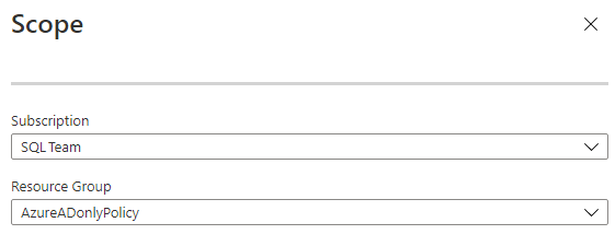 Screenshot of adding Azure Policy scope for Azure AD-only authentication.