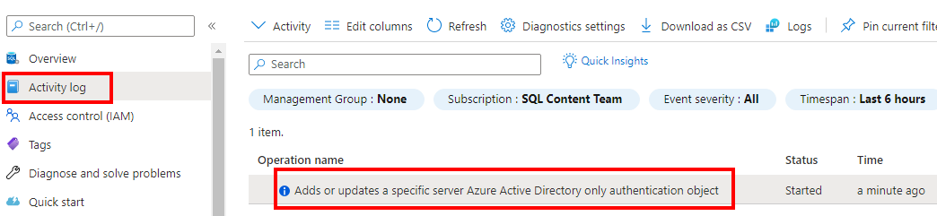 Activity log entry in the Azure portal