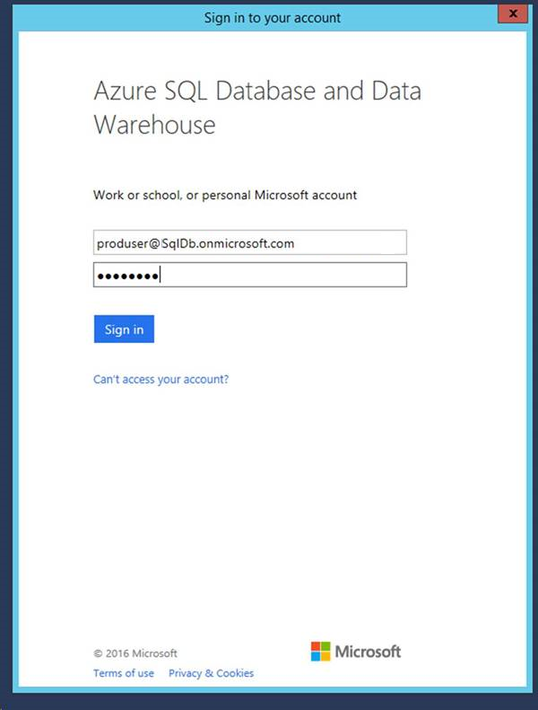 Screenshot of the Sign in to your account dialog for Azure SQL Database and Data Warehouse. The account and password are filled in.