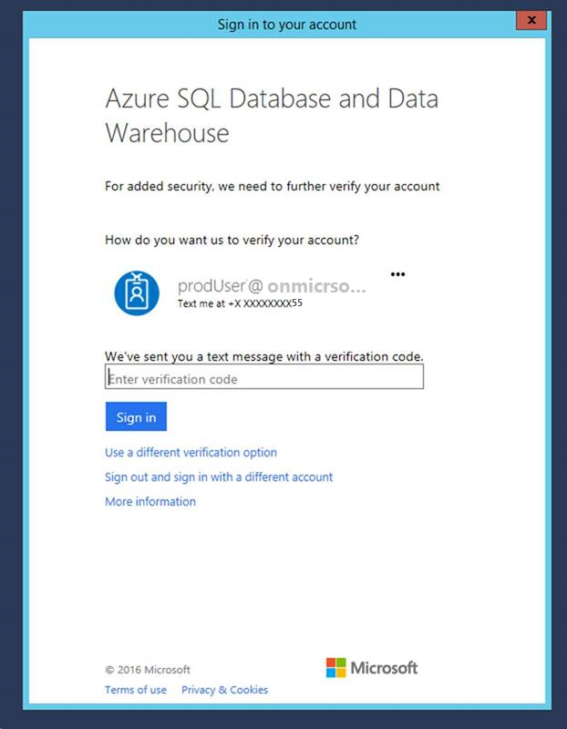 Screenshot of the Sign in to your account dialog for Azure SQL Database and Data Warehouse with a prompt to Enter a verification code.