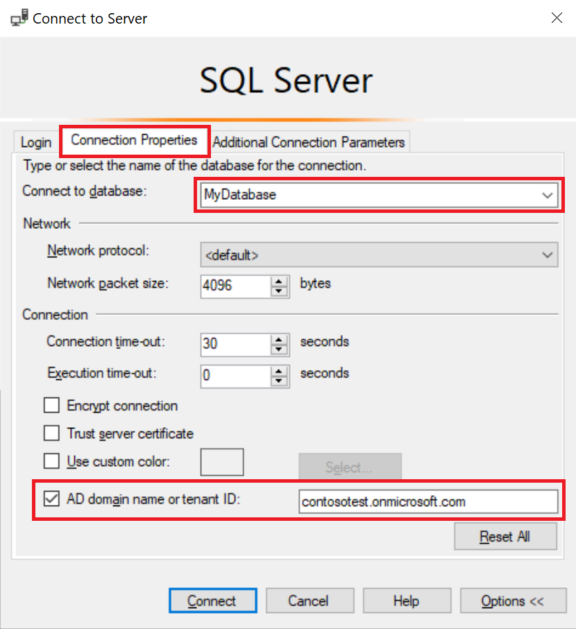 Screenshot of the Connection Properties tab in the Connect to Server dialog in S S M S.The option AD domain name or tenant ID property is filled in.