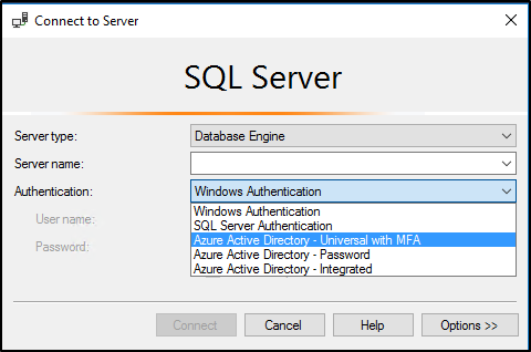 Screenshot of the Connect to Server dialog in SQL Server Management Studio, showing settings for Server type, Server name, and Authentication.