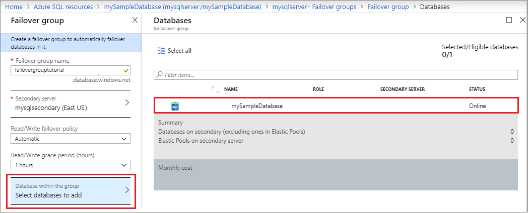 Add SQL Database to failover group