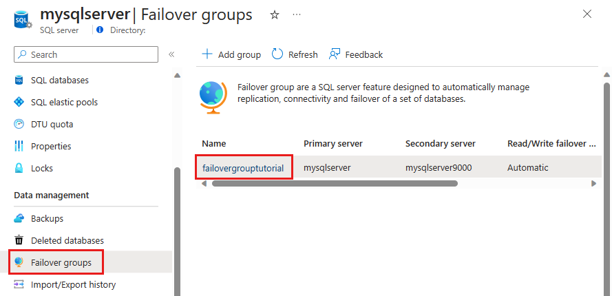 Select the failover group from the portal