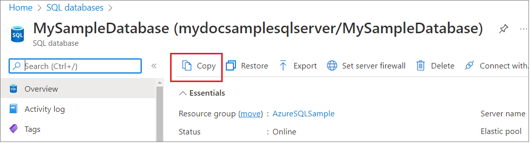 Screenshot of Azure portal, showing Database copy option highlighted on the database overview page.