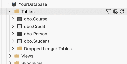 Screenshot of created tables in ADS.