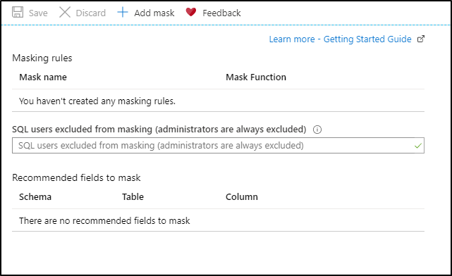 Screenshot that shows the Dynamic Data Masking configuration page.