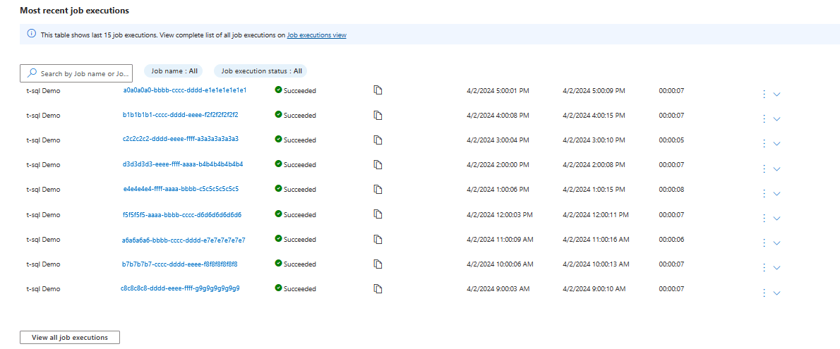 Screenshot from the Azure portal Overview page showing recent job executions.