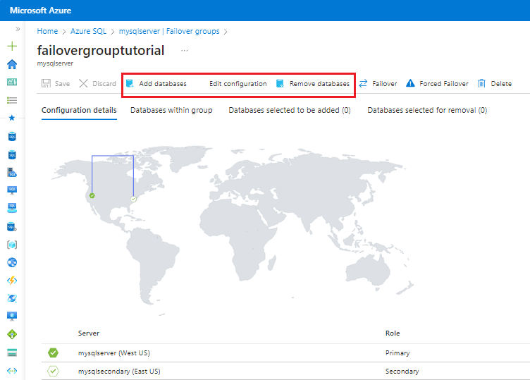 Screenshot of the failover group page in the Azure portal with the command bar highlighted.