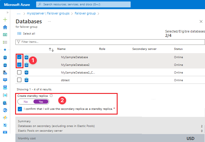 Screenshot of the databases for failover group pane in the Azure portal.
