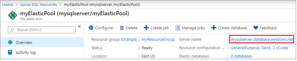 Screenshot of select server for elastic pool in the Azure portal.