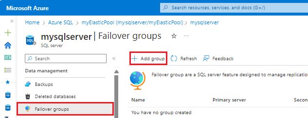 Screenshot of the failover groups page in the Azure portal.