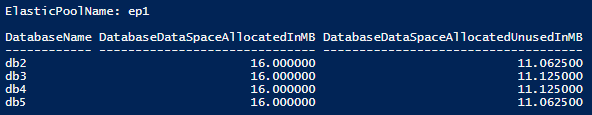 A screenshot of the output of the related PowerShell cmdlet, showing elastic pool allocated space and unused allocated space.